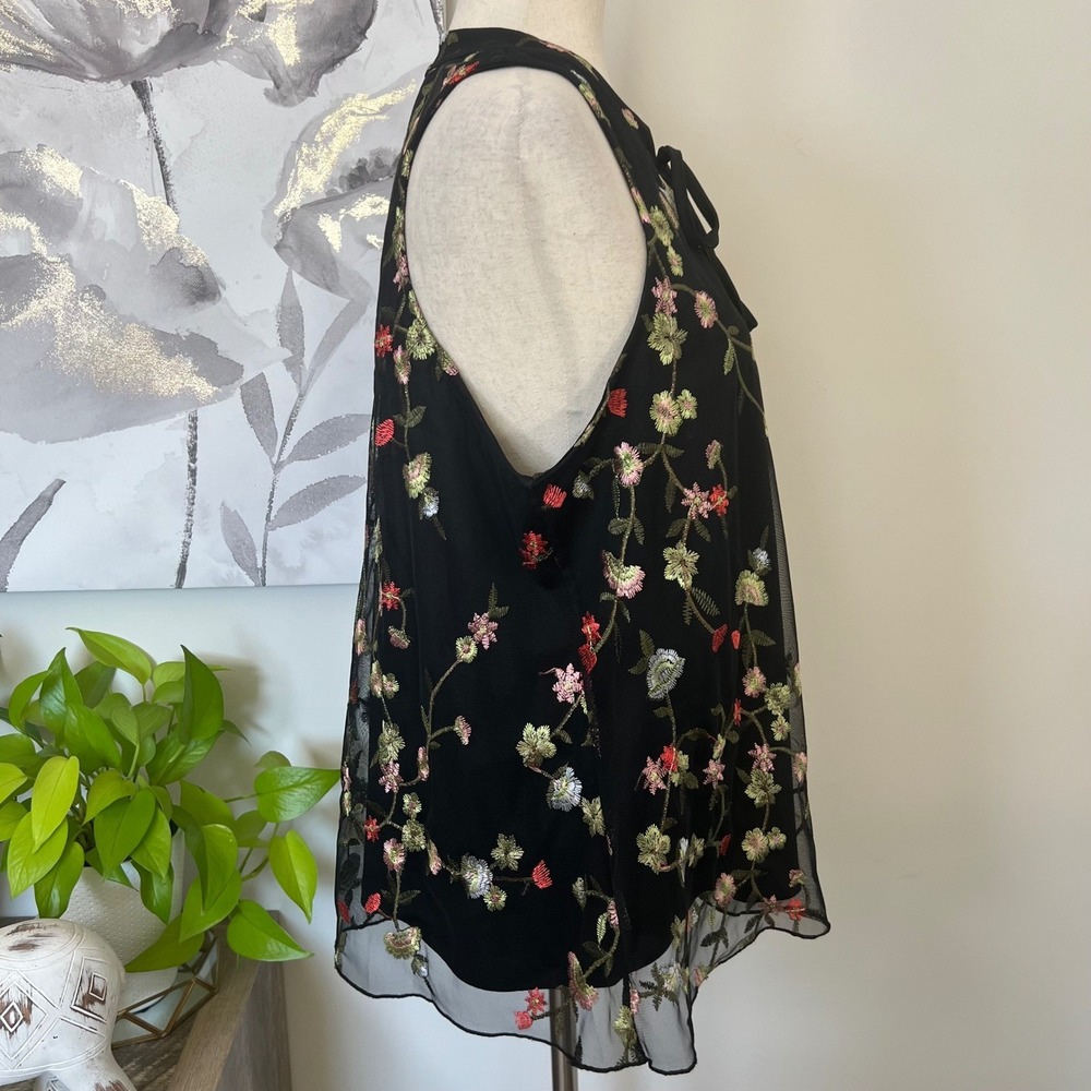 Black Embroidered Floral Mesh Top Tie Neck Dark Romantic Fairy Boho Whimsigoth - Picture 3 of 8